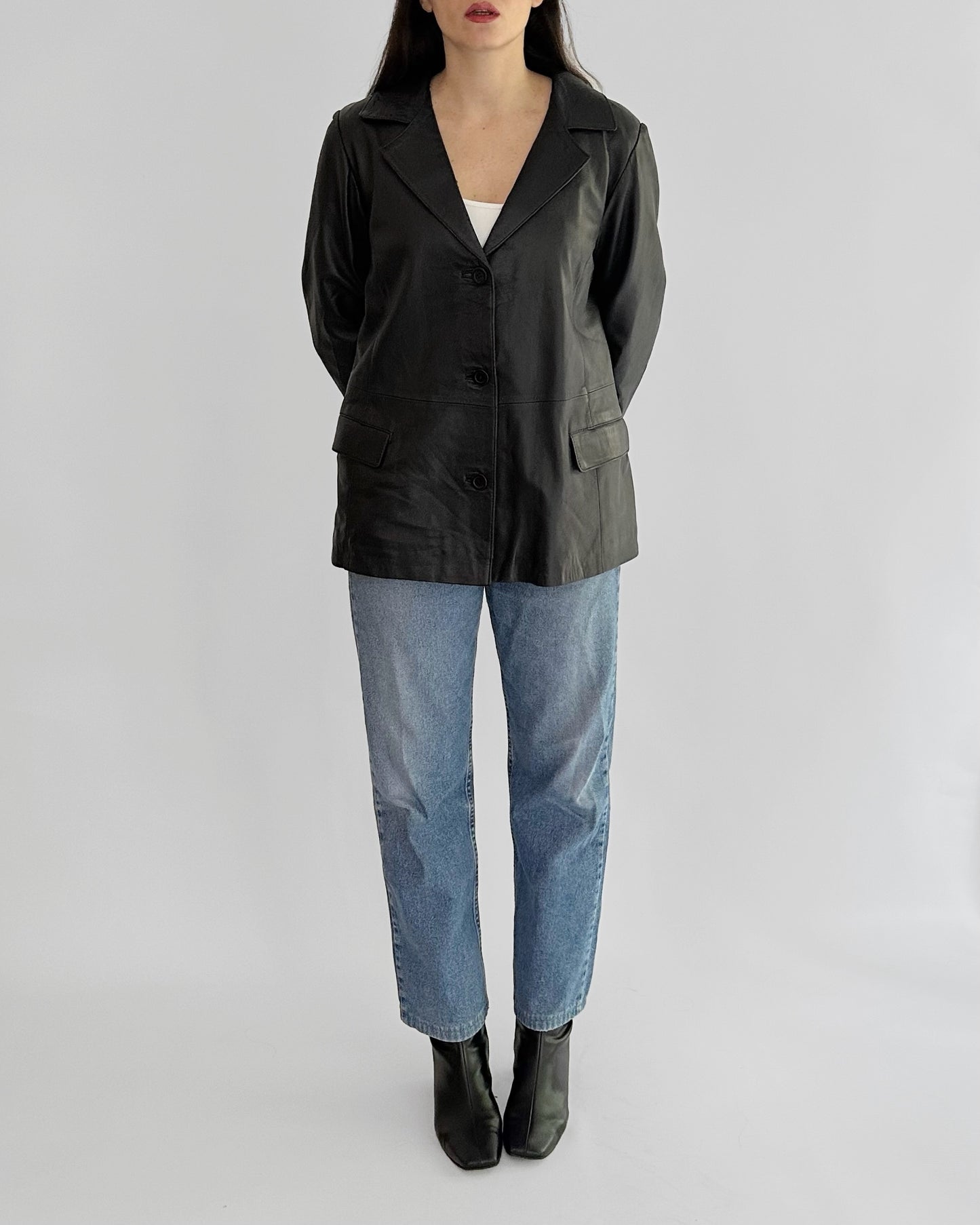 90s Black Sheepskin Leather Blazer