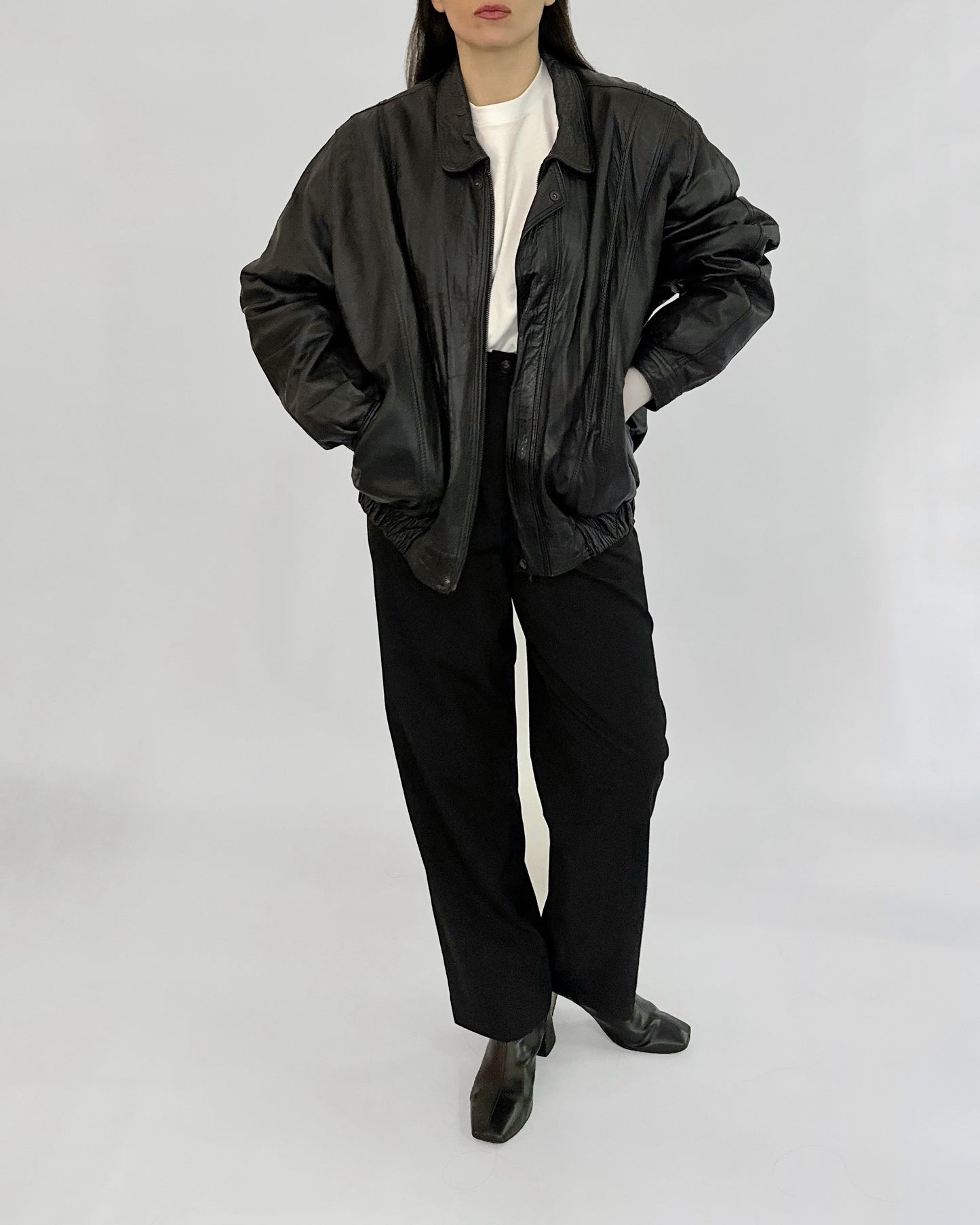 80s Black Leather Bomber Jacket