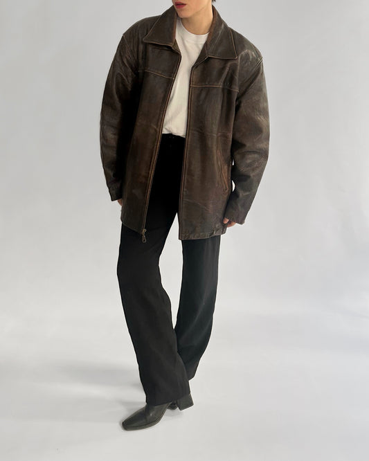 90s Oakwood Distressed Brown Leather Jacket