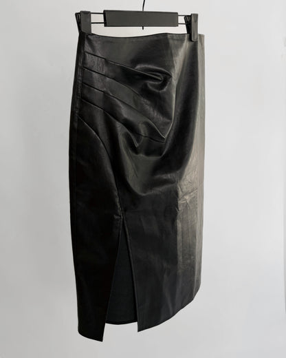 90s Black Faux Leather Midi Skirt