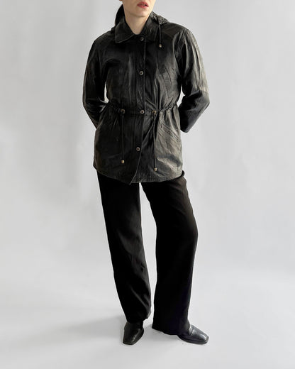 1990s Italian Black Leather Hooded Jacket