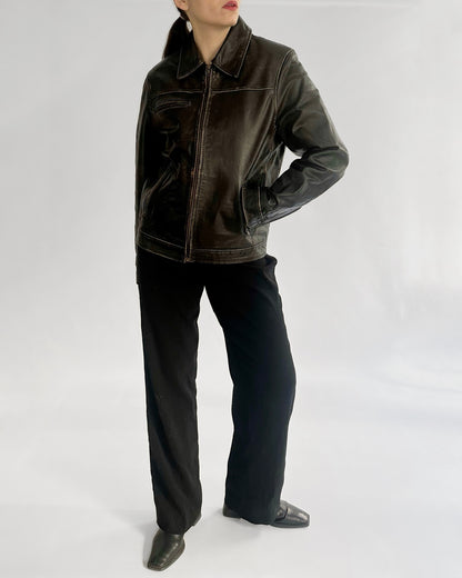 2000s Jack & Jones Black Distressed Leather Jacket