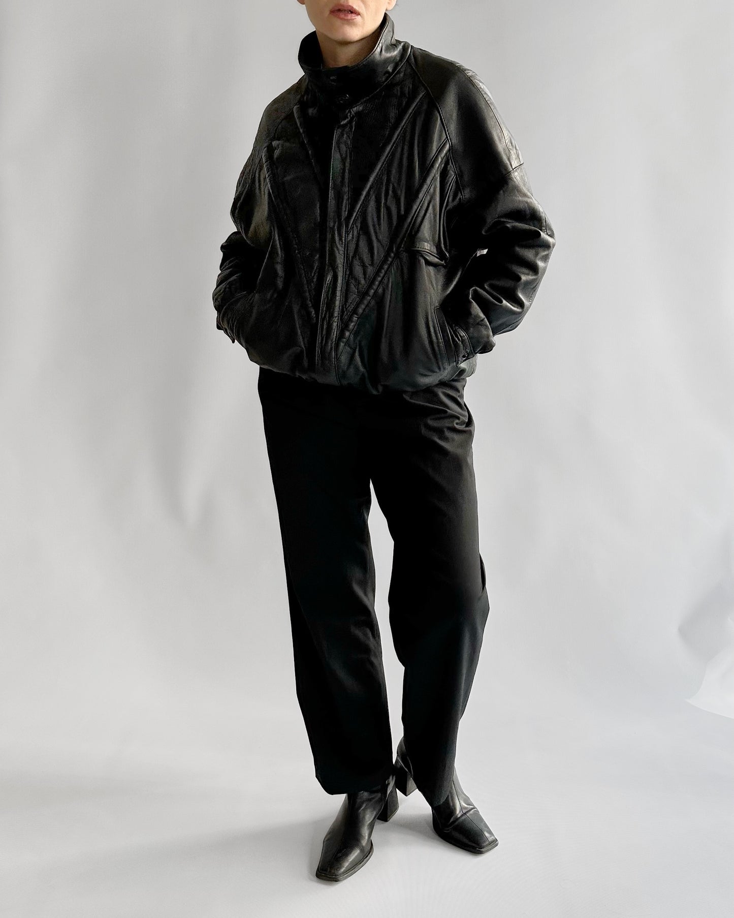 80s Black Leather Bomber Jacket