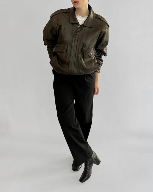 80s Sheepskin Leather Brown Bomber Jacket