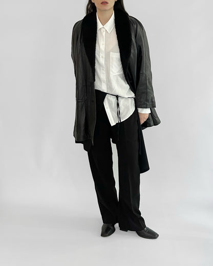 80s Black Leather Coat with Faux Fur Shawl Collar