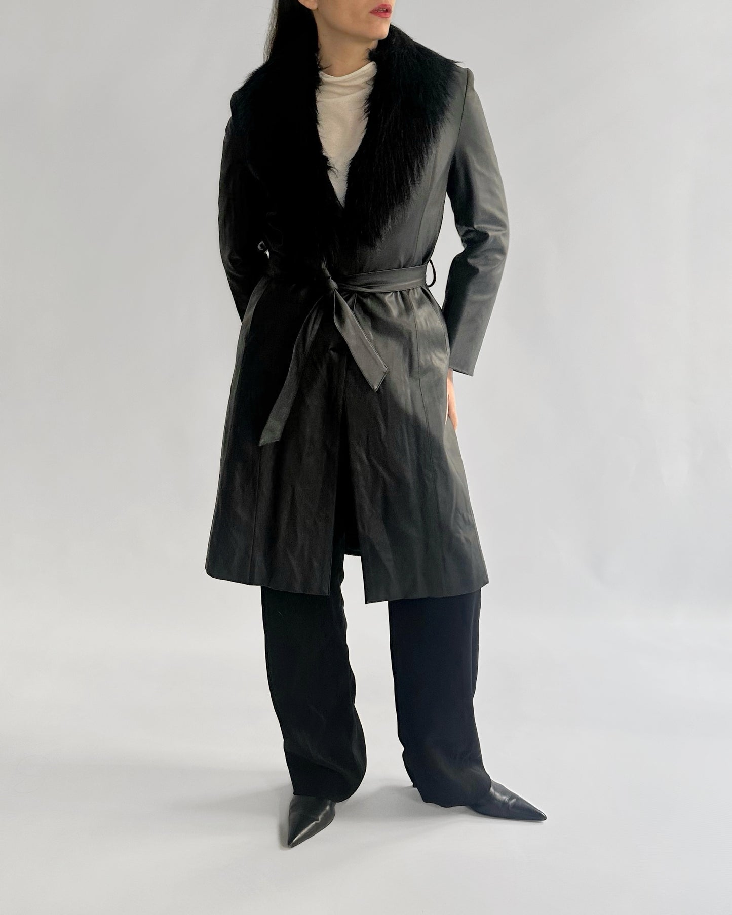 2000s Black Faux Leather Coat with Detachable Faux Fur Collar