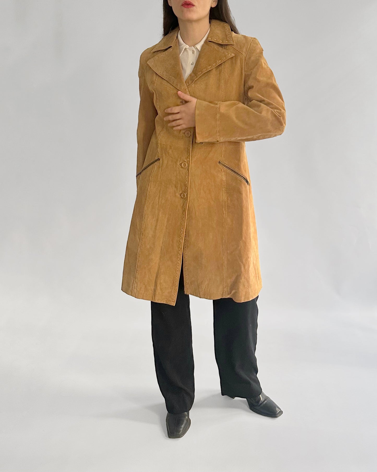 2000s Beige Suede Leather Coat