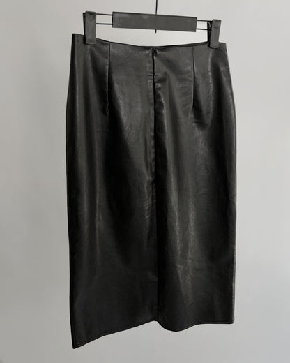90s Black Faux Leather Midi Skirt