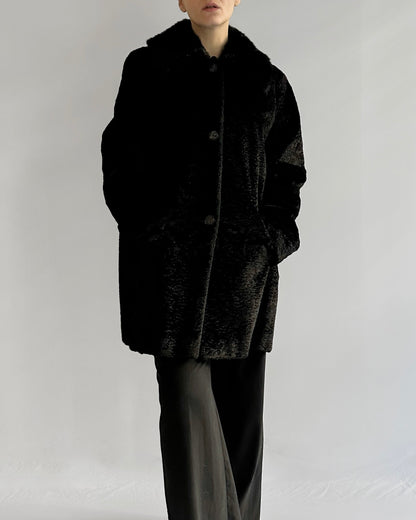 80s/90s Black Faux Fur Coat with Double Collar