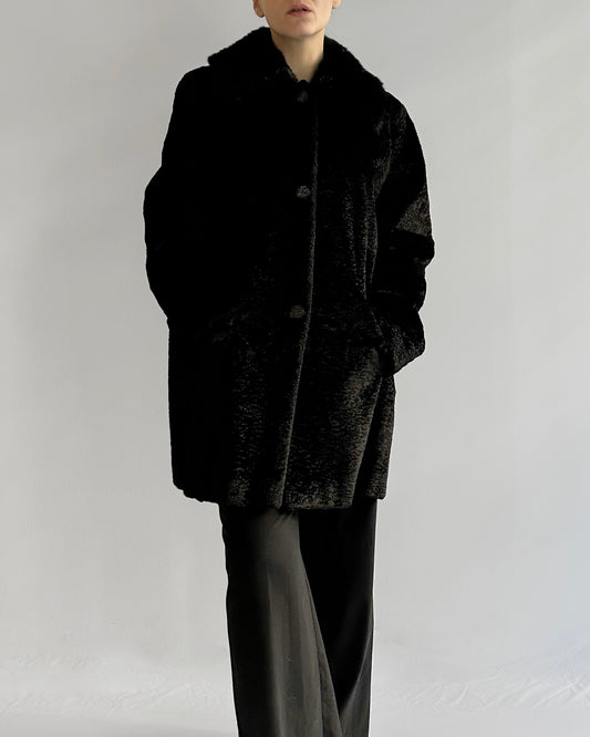 80s/90s Black Faux Fur Coat with Double Collar