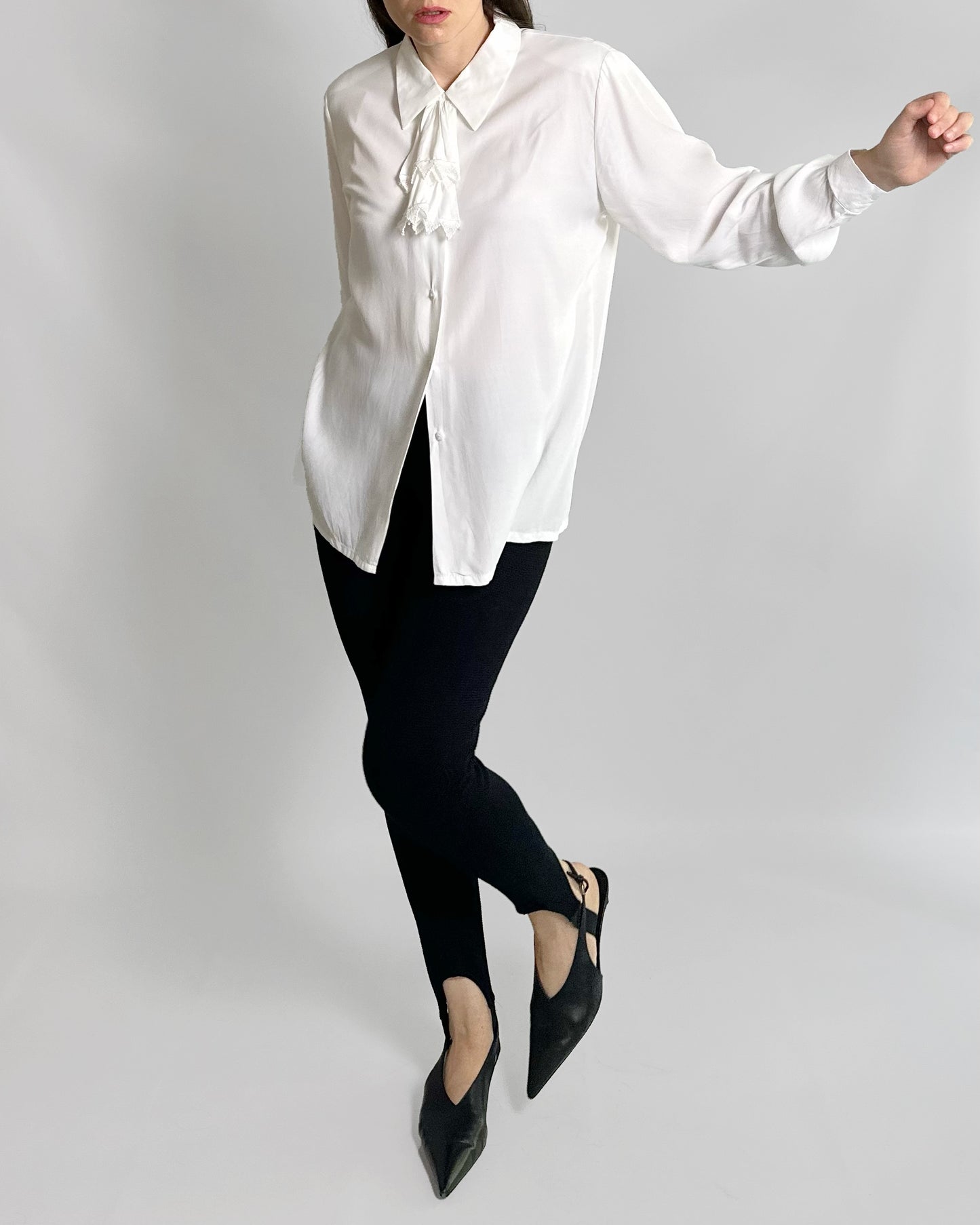 80s White Viscose Tie-Neck Blouse