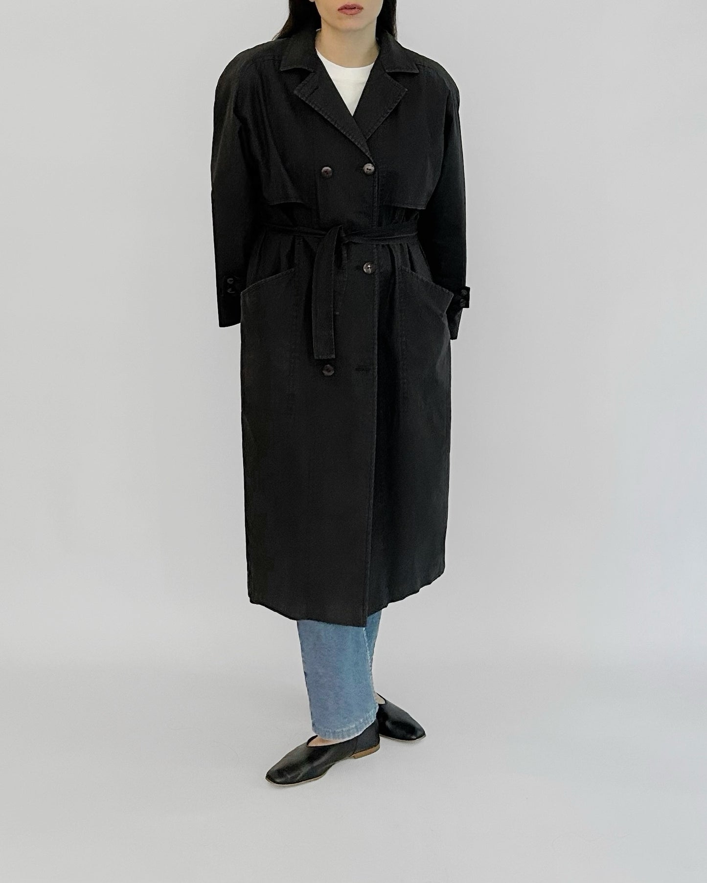 90s Black Belted Trench Coat