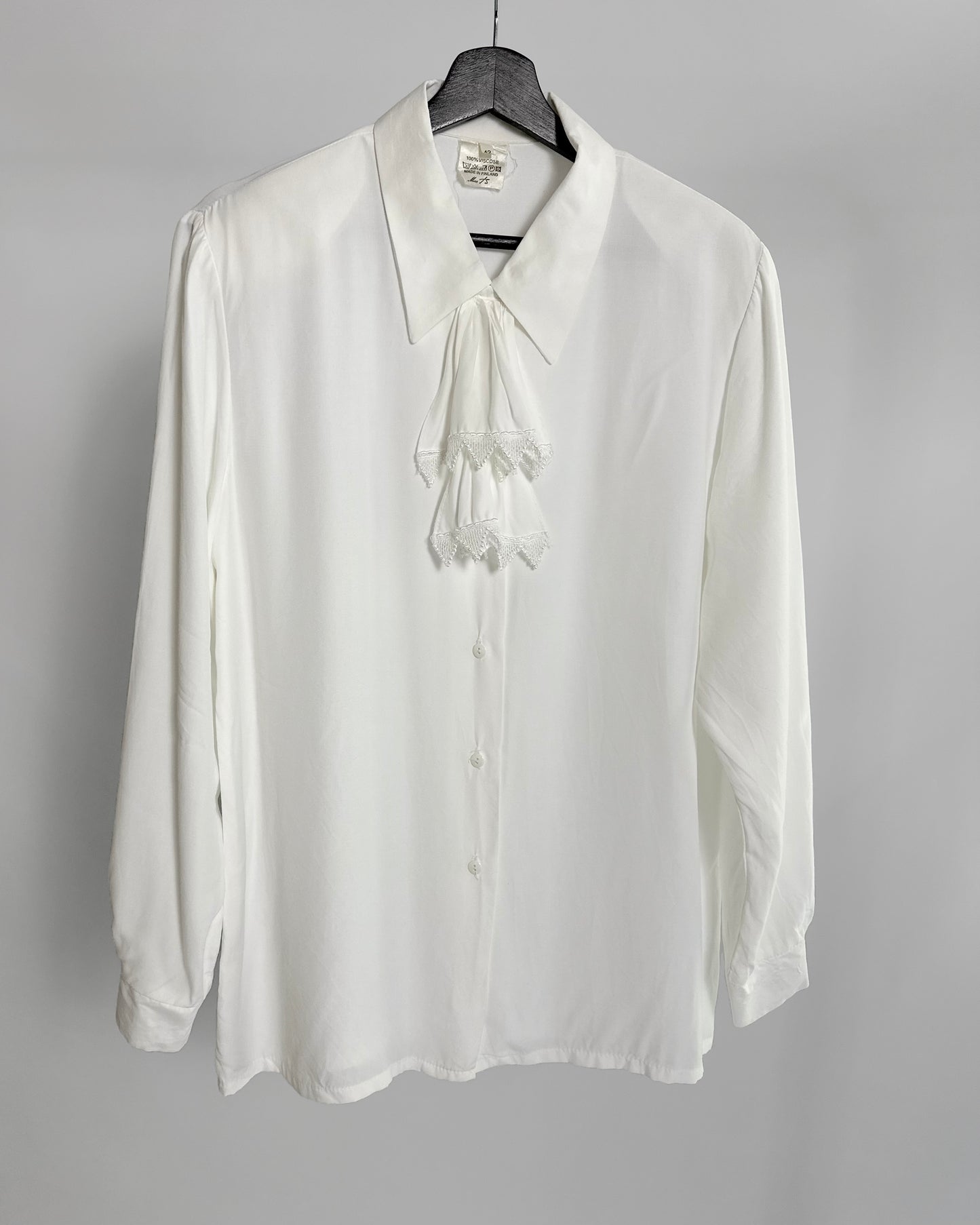 80s White Viscose Tie-Neck Blouse