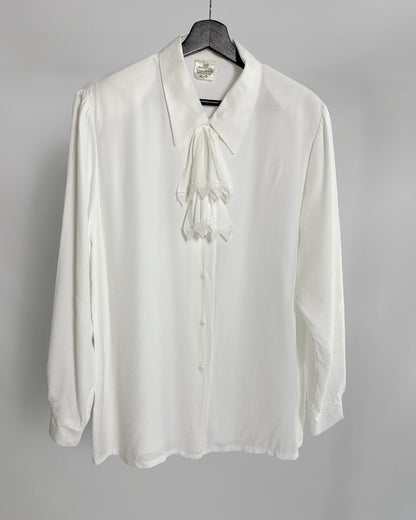 80s White Viscose Tie-Neck Blouse