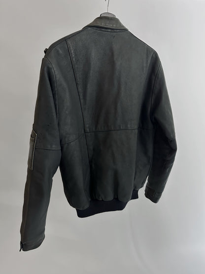 80s Dark Grey Leather Bomber Jacket