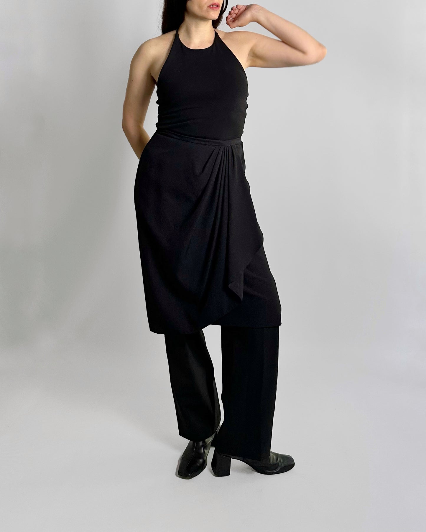 90s Black Draped Midi Skirt