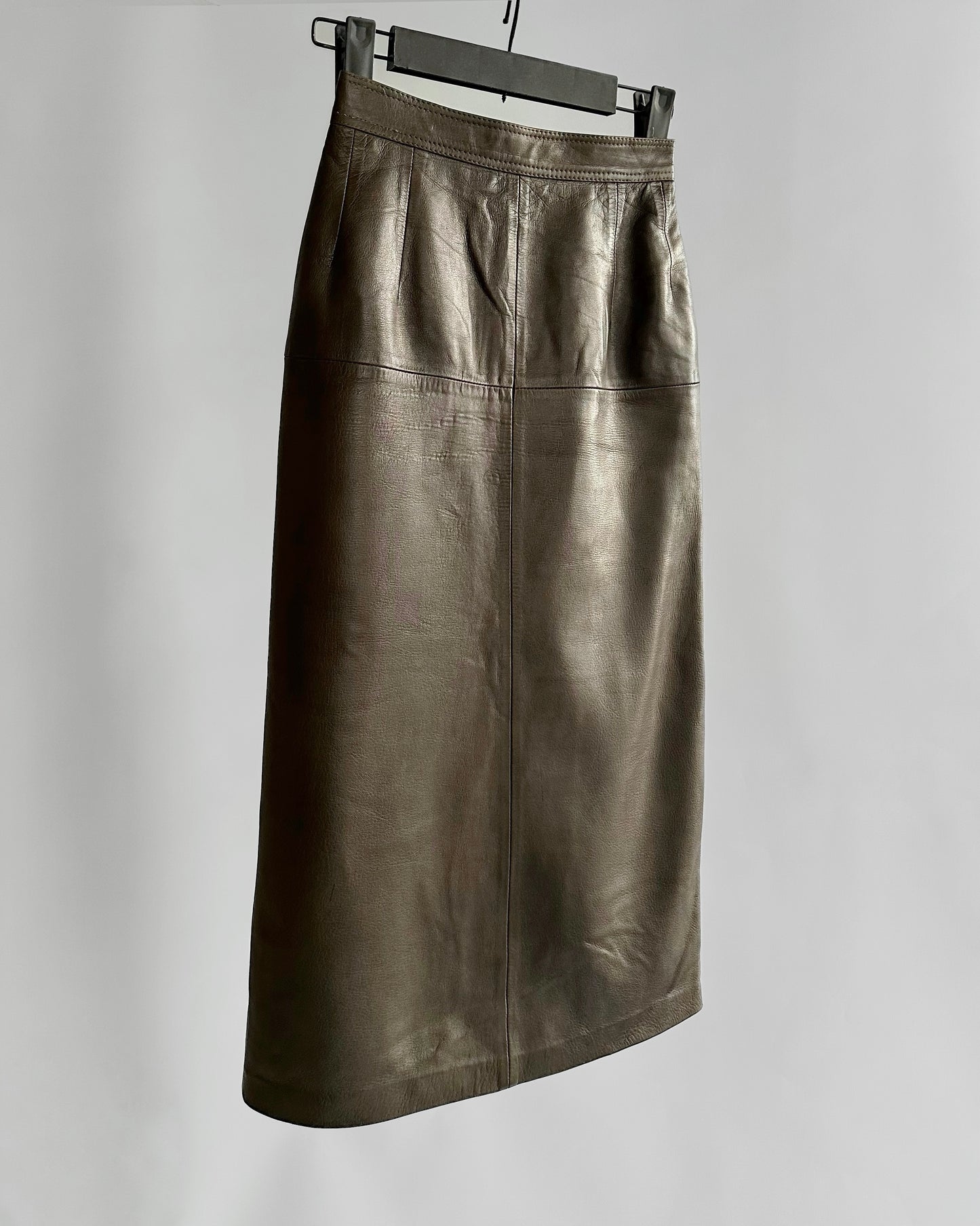 Vintage 1980s Loewe Olive Green Leather Midi Skirt