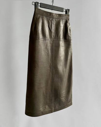 Vintage 1980s Loewe Olive Green Leather Midi Skirt