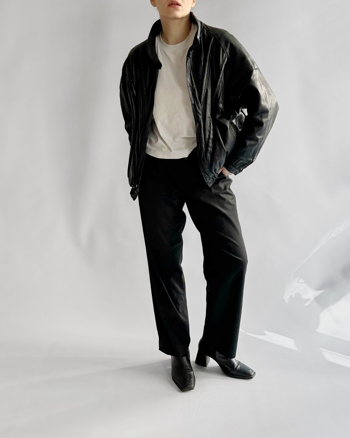 80s Black Leather Bomber Jacket