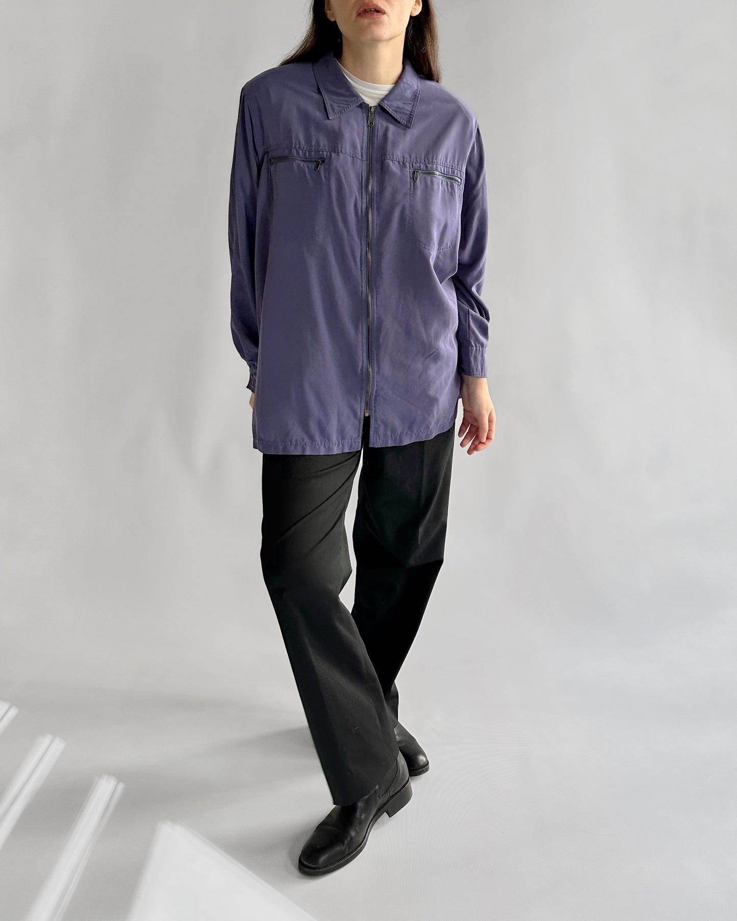 90s Silk Effect Zip-Up Shirt Jacket