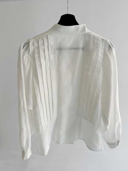80s White Cotton Linen Pleated Blouse