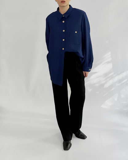 80s Royal Blue Button-Up Shirt with Back Tie