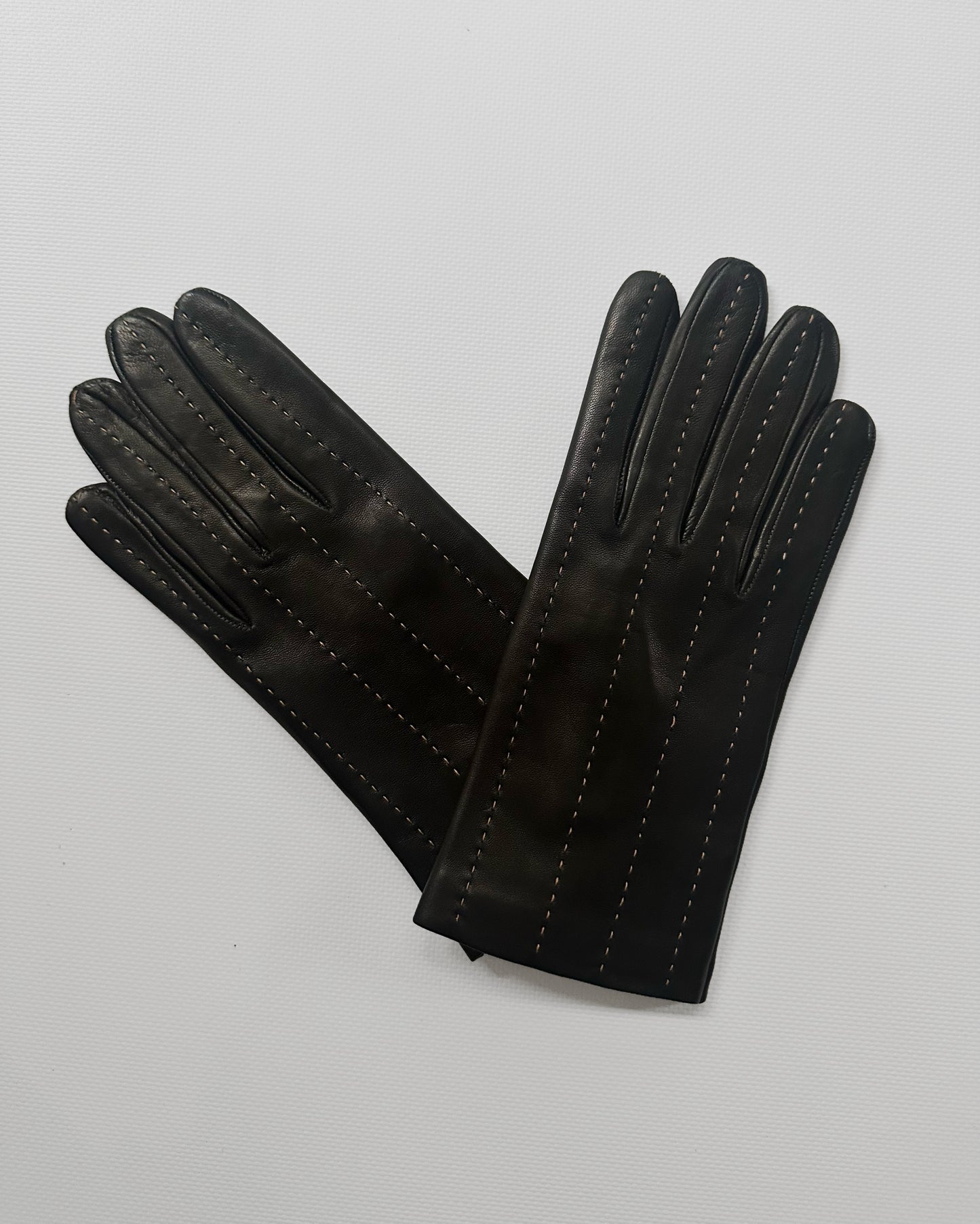 90s Black Beige Leather Gloves - Size 7 1/2, NOS