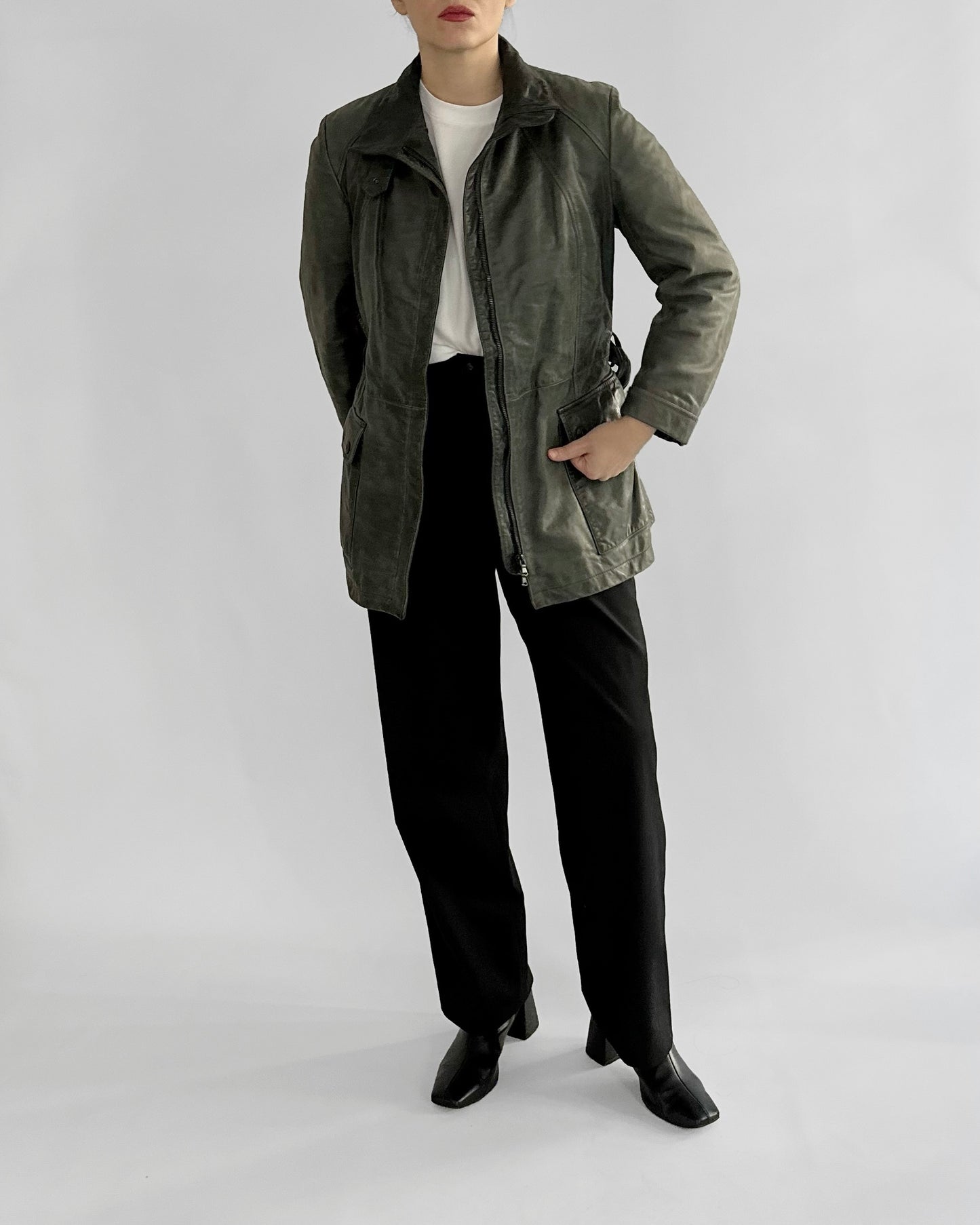 2000s Trussardi Grey-Green Distressed Leather Jacket – Limited Edition