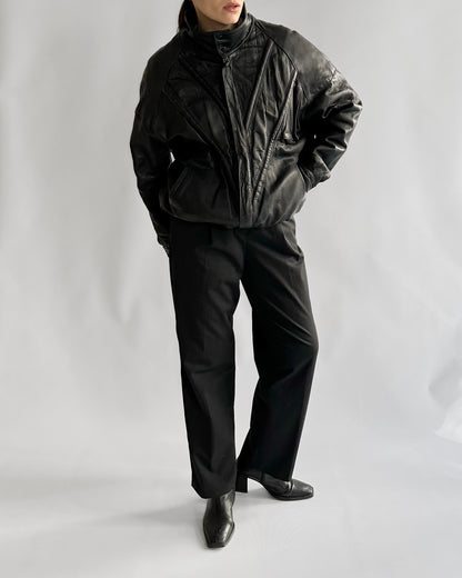 80s Black Leather Bomber Jacket