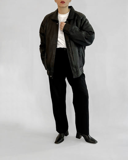 80s Black Leather Bomber Jacket