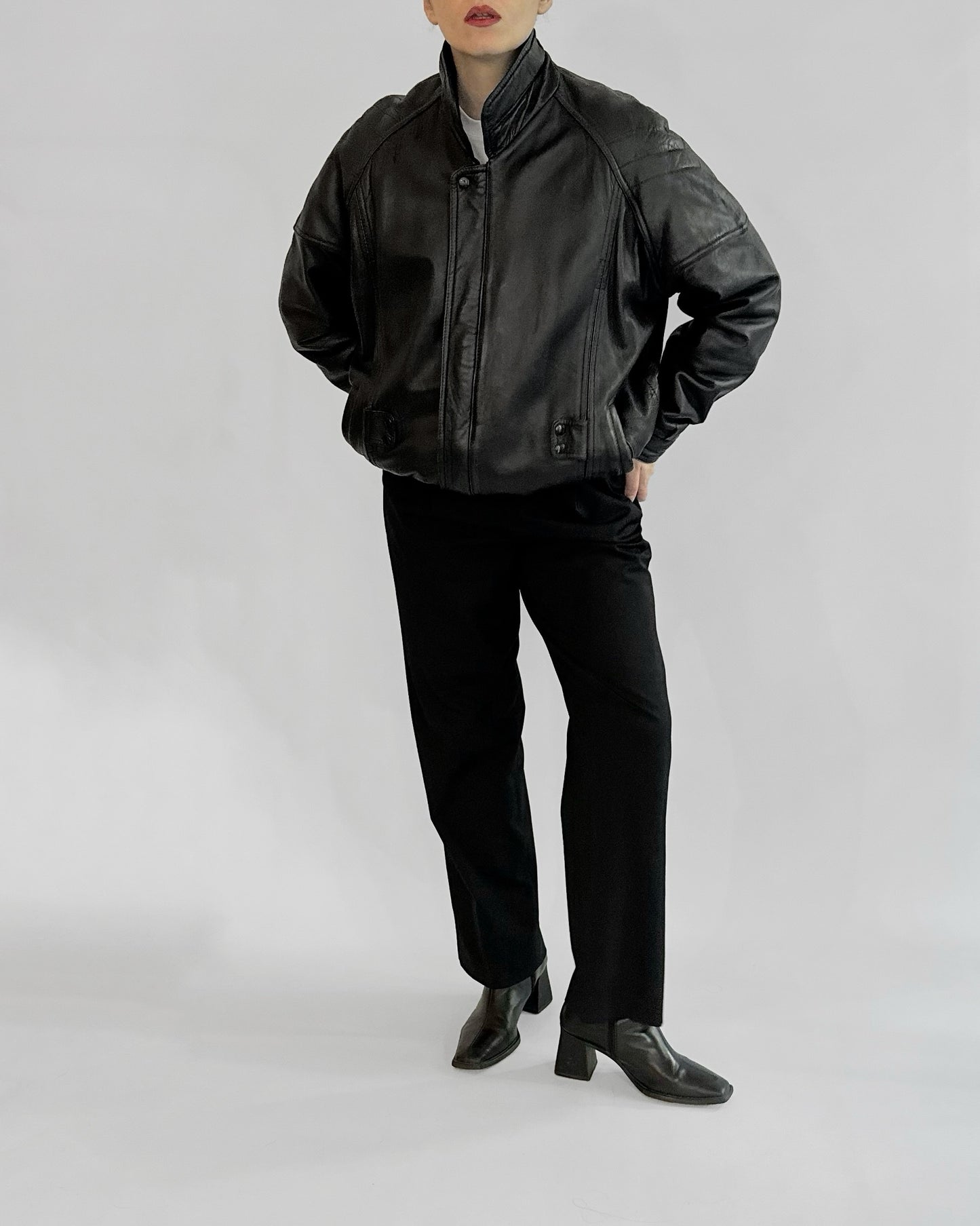 80s Black Leather Bomber Jacket