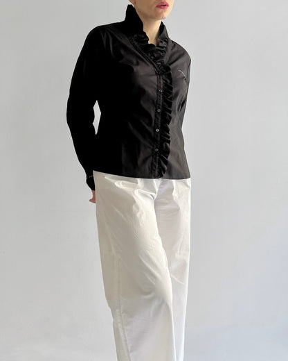 90s Armani Black Cotton Ruffle Blouse