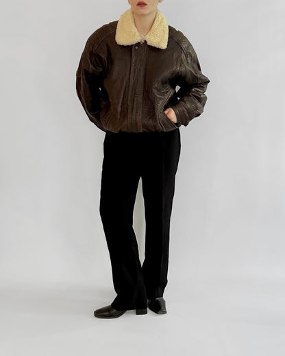80s Brown Sheepskin Leather Bomber Jacket – Made in Spain