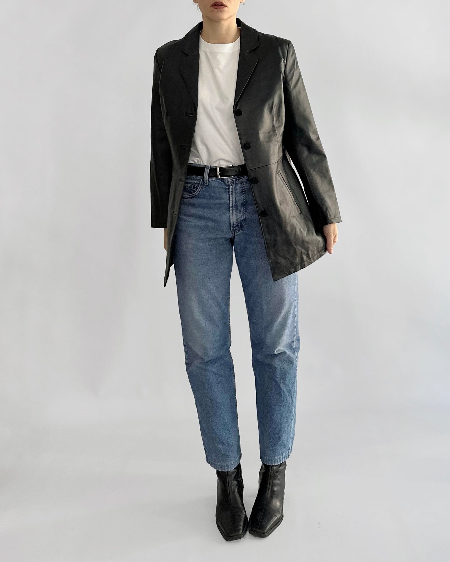 90s Black Midi Leather Blazer