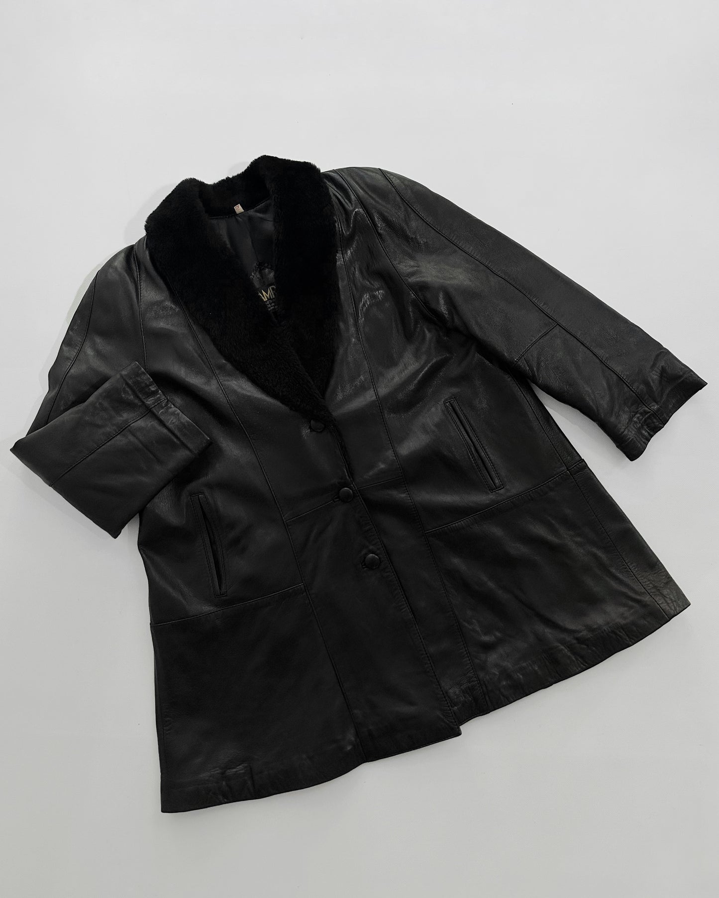 80s Black Leather Coat with Faux Fur Shawl Collar
