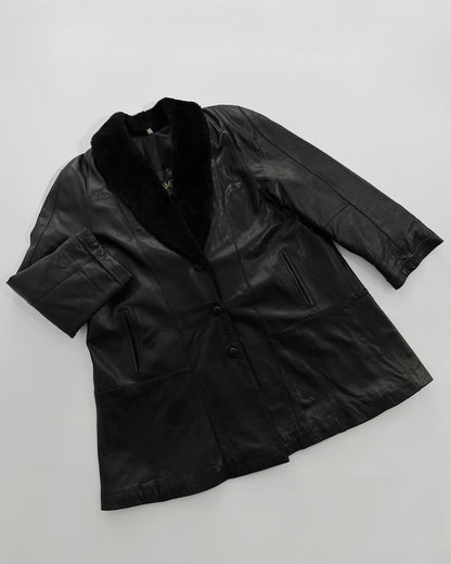 80s Black Leather Coat with Faux Fur Shawl Collar