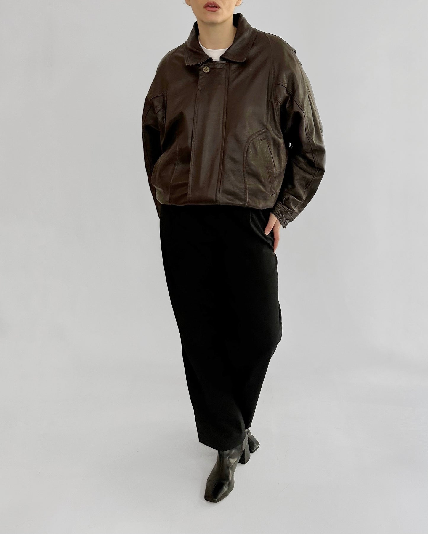 80s Brown Leather Bomber Jacket