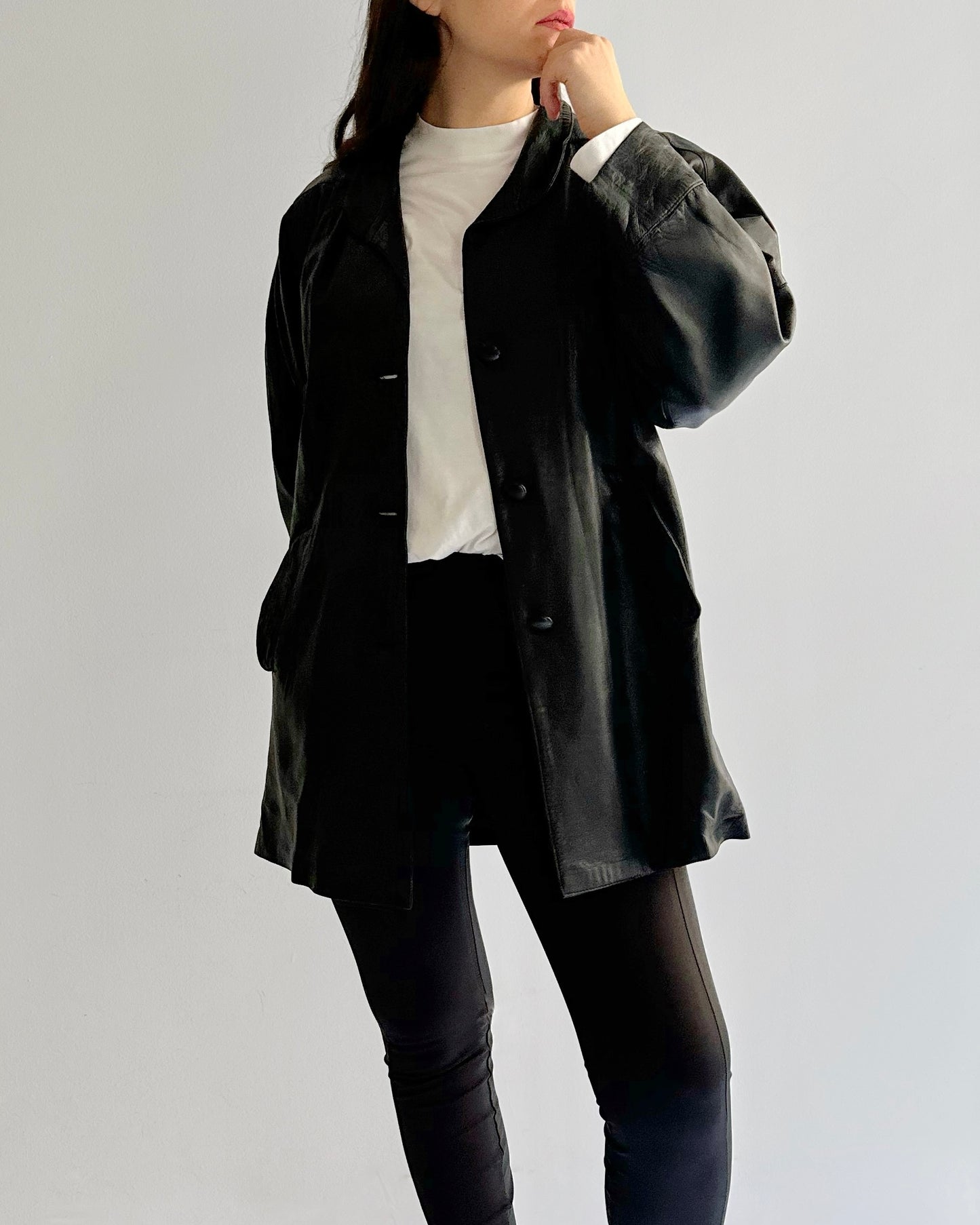 90s Black Oversized Leather Coat
