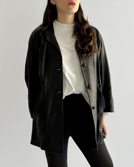 90s Black Oversized Leather Coat