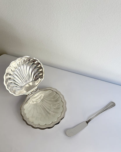 Vintage 1960s Silver Shell Butter Dish with Milk Glass Insert