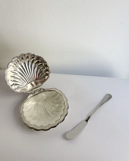 Vintage 1960s Silver Shell Butter Dish with Milk Glass Insert