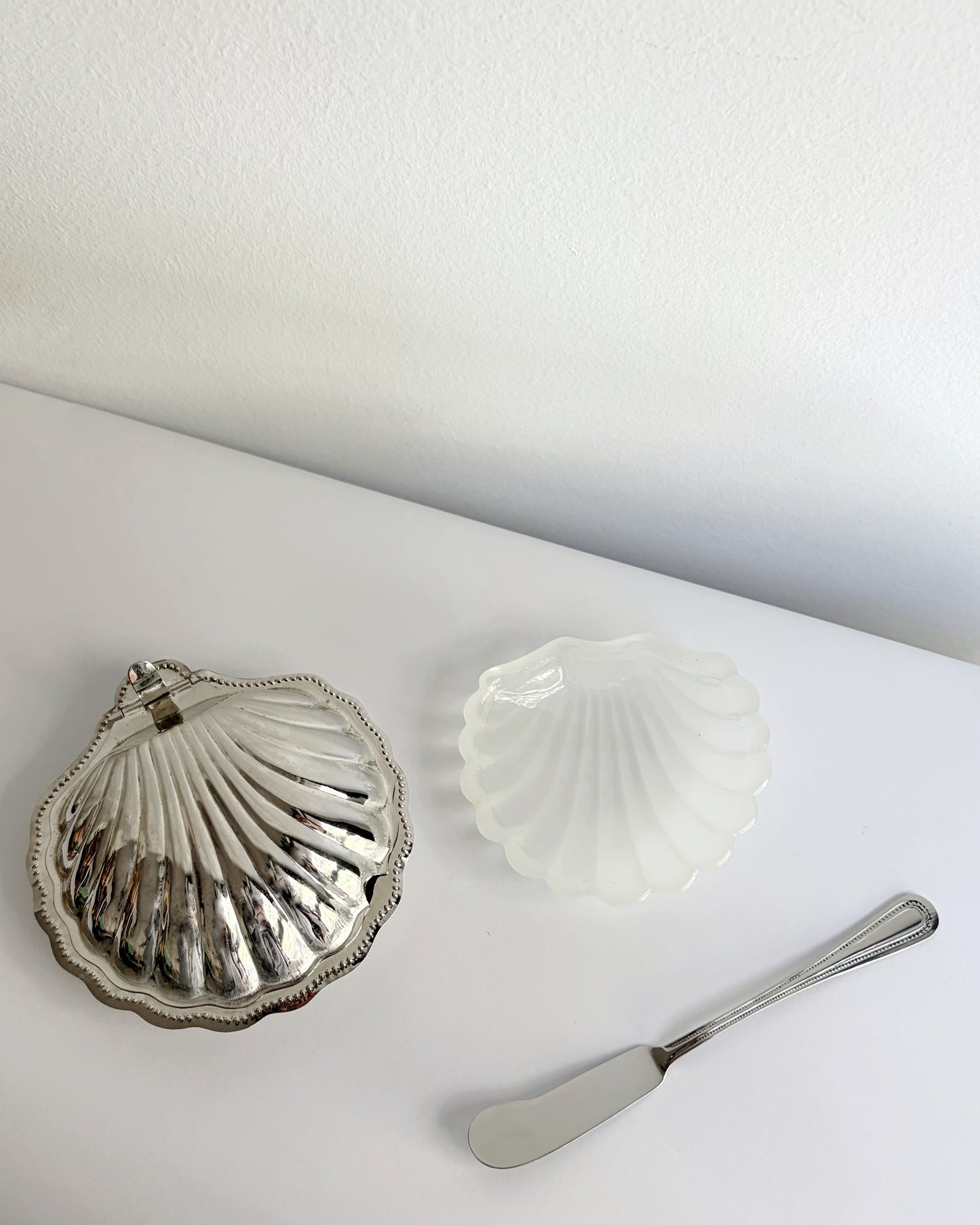 Vintage 1960s Silver Shell Butter Dish with Milk Glass Insert