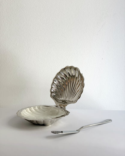 Vintage 1960s Silver Shell Butter Dish with Milk Glass Insert