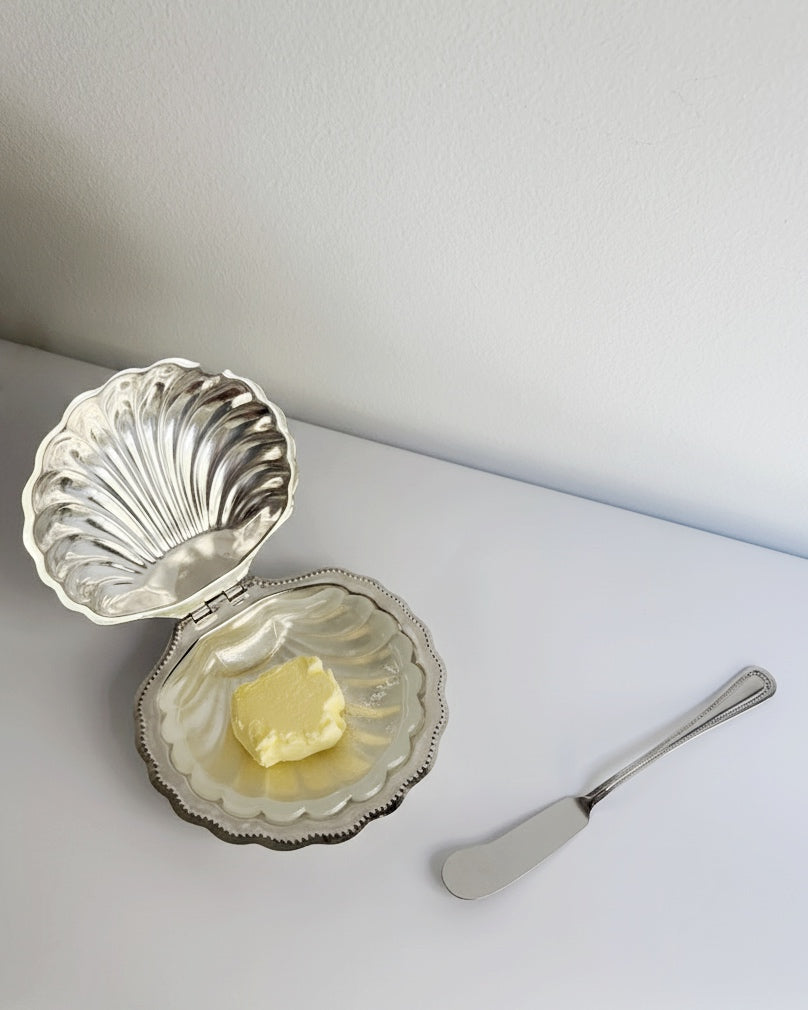 Vintage 1960s Silver Shell Butter Dish with Milk Glass Insert