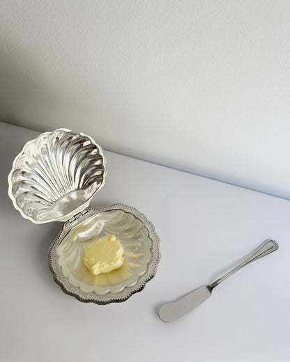 Vintage 1960s Silver Shell Butter Dish with Milk Glass Insert
