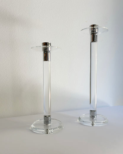 Vintage 1970s Lucite and Chrome Candlesticks