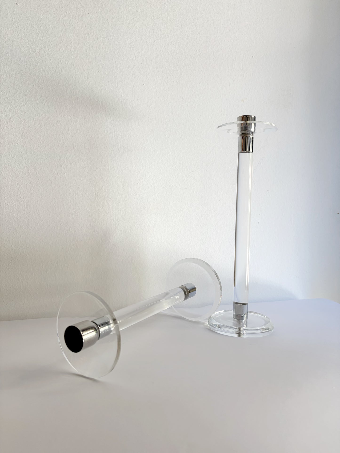 Vintage 1970s Lucite and Chrome Candlesticks