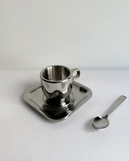 Vintage Stainless Steel 18/10 Thermal Espresso Cups with Saucers & Spoons – Set of 2, 4