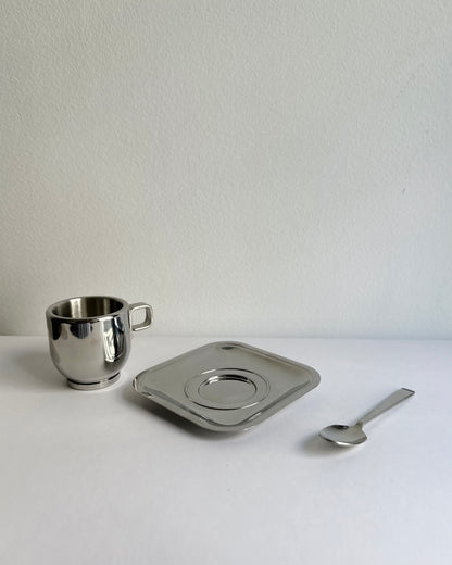Vintage Stainless Steel 18/10 Thermal Espresso Cups with Saucers & Spoons – Set of 2, 4