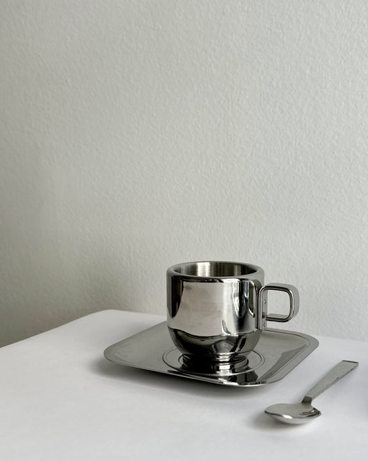 Vintage Stainless Steel 18/10 Thermal Espresso Cups with Saucers & Spoons – Set of 2, 4